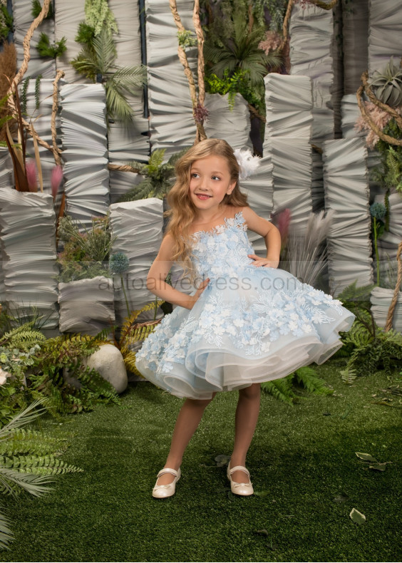 Sky Blue Lace Tulle Knee Length Flower Girl Dress
